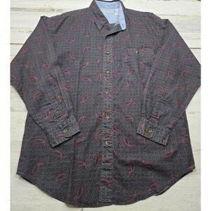 Bugle Boy Company Mens Gray Paisley Medallion Ramie Cotton Button Down Shirt L